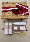 Tincture valentines luxury skincare and washing up hamper set with wicker basket and red ribbon
